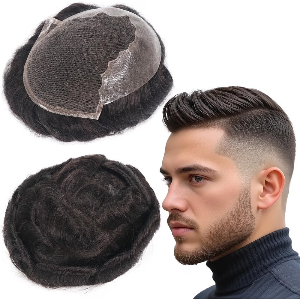 Men's Human Hair Toupee Q6 Swiss Lace PU Hair Replacement 8x10 1B Off Black